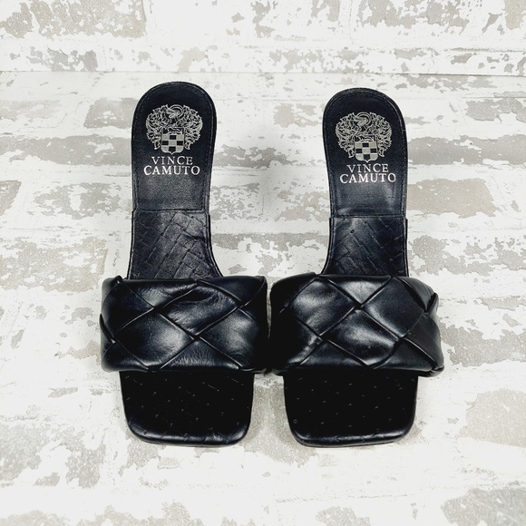 New Vince Camuto Brelanie Black Woven Leather Square Toe Heeled Sandals X233 - Picture 1 of 13